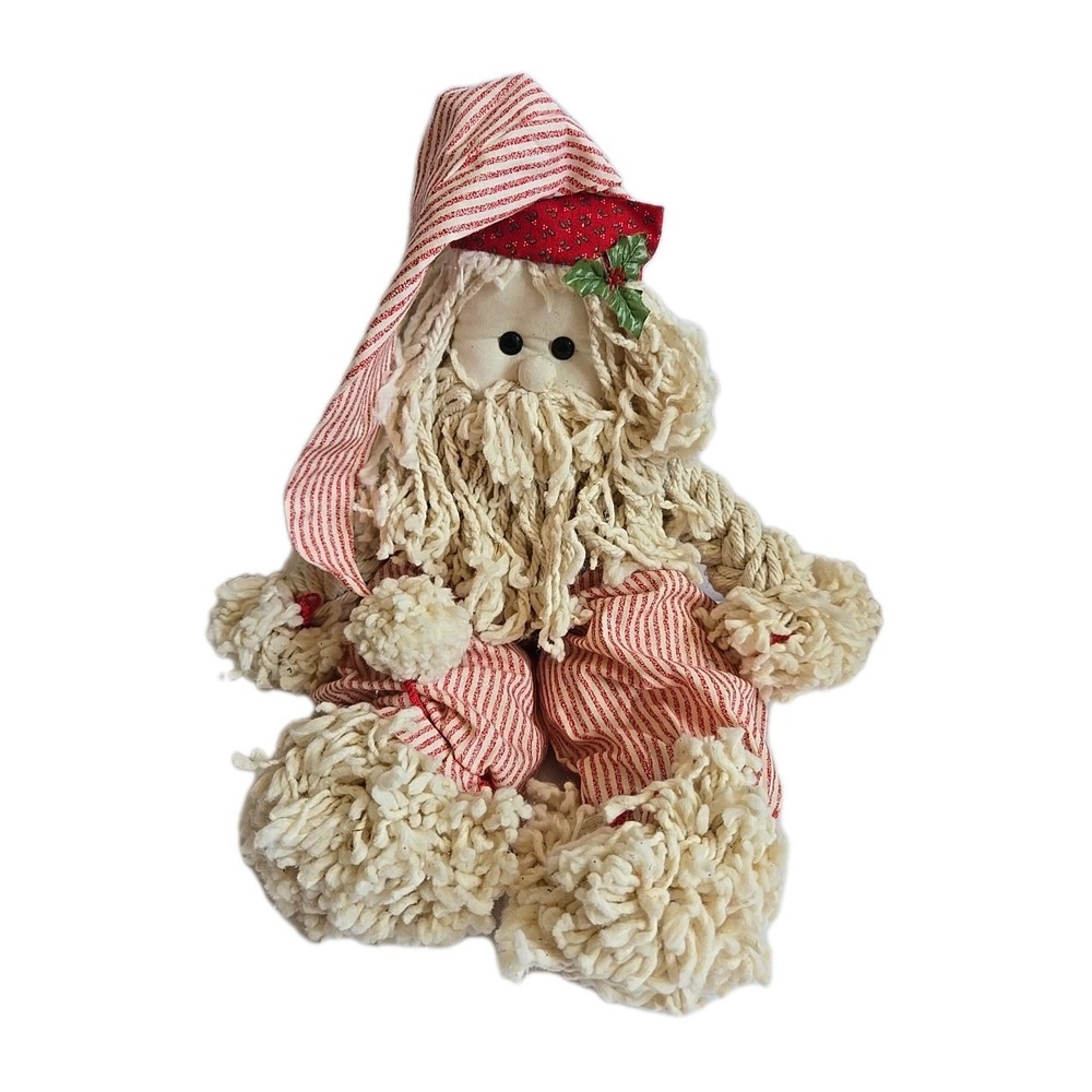 Santa Claus Mop Doll Christmas Folk Art Collectible Red White Overalls Holiday